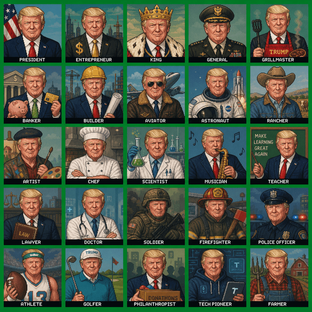 TRUMPBANK NFT collection sheet — 25 pixel-art characters